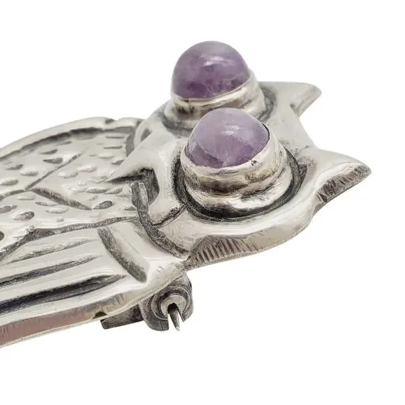 Large Mexican Sterling Silver Owl Brooch Taxco Purple Eyes 925 Artisan Bird Pin - Picture 9 of 11